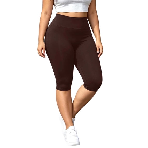 HomeDM Plus Size Capri Leggings for Women High Waist Workout Yoga Pants Brown Lounge Tummy Control Running Size 4XL