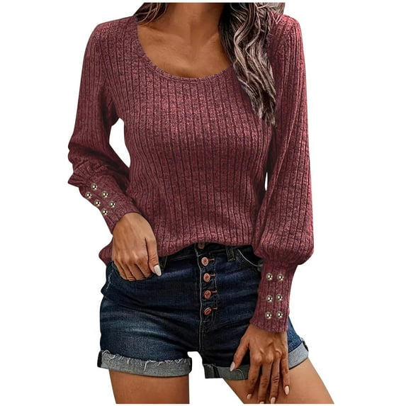 HomeDM Plus Size Long Sleeve Shirts for Women Casual Scoop Neck Solid Color Basic Fall Tops Loose Fit Comfy Ribbed Knit Trendy Work Sweater - Wine/4XL
