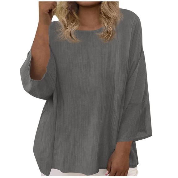 HomeDM Plus Size Shirts for Women, Cotton 3/4 Sleeve Crew Neck Loose Fit Summer Pullover Tops - Gray/5XL