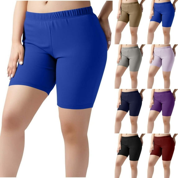 HomeDM Plus Size Yoga Shorts for Women - Workout Leggings High Waisted Soft Biker Shorts Women's Shorts for Summer Hiking Workout Running - Blue/L