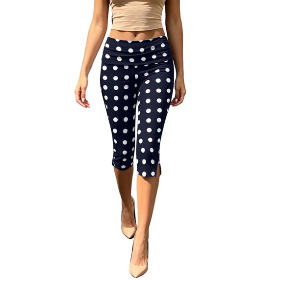 HomeDM Polka Dot Capri Leggings for Women Side Slit Hem Lounge Pants Navy Knee Length Slim Fit Cropped Size L