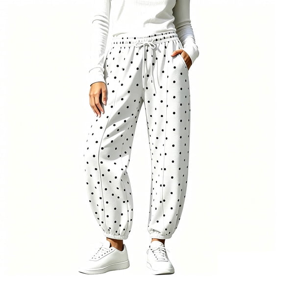HomeDM Polka Dot Sweatpants Women's Joggers Pants for Lounge Athletic White Drawstring Sweat Pants with Pockets Size S
