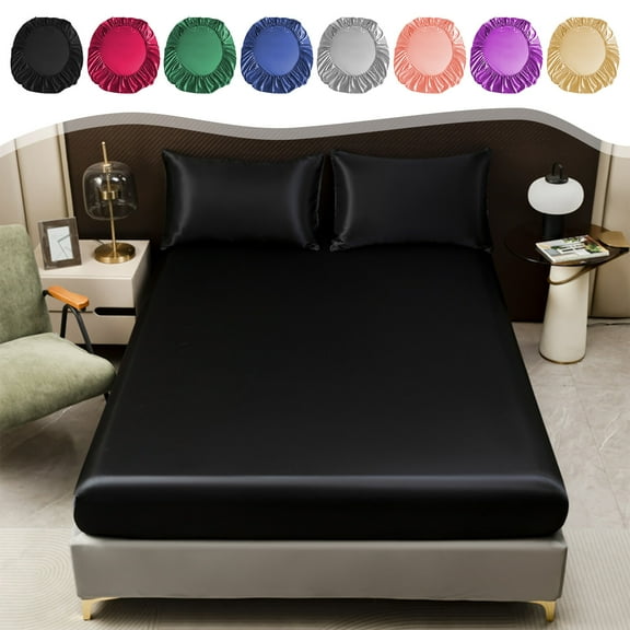 HomeDM Satin Fitted Sheet - 75"x39" Deep Pocket 1 Piece Soft Faux Silk Wrinkle Free Fitted Sheet, Black