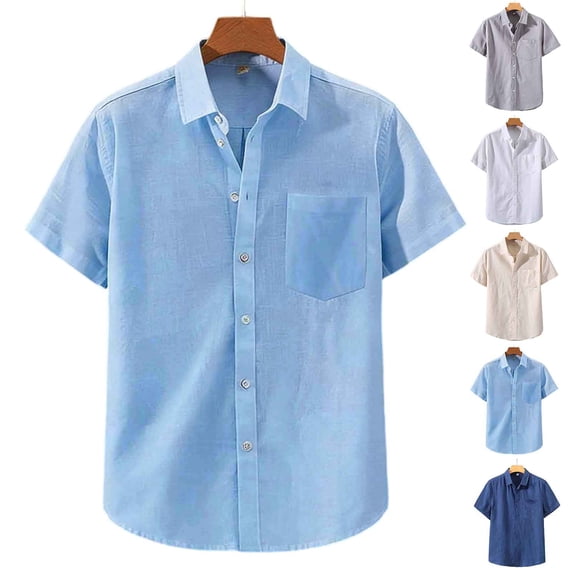 HomeDM Short Sleeve Button Down Shirts for Men Summer Beach Vacation Collared Shirts, Light Blue, Size L