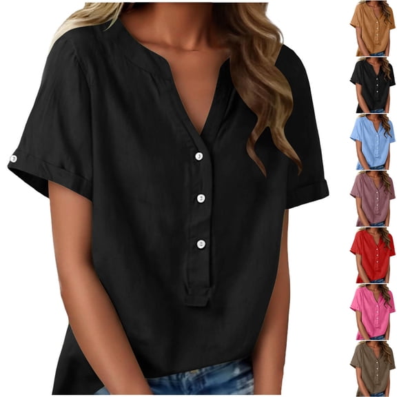 HomeDM Short Sleeve Button Down Shirts for Women, Summer V Neck T Shirts Loose Fit Pullover Tops Solid Color - Black/L