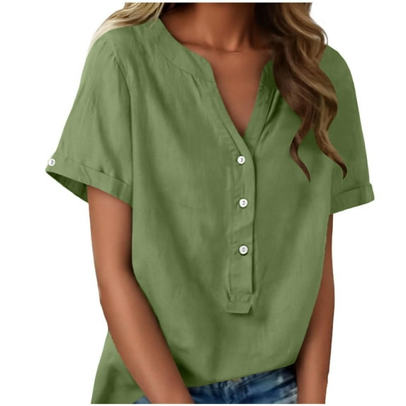 HomeDM Short Sleeve Button Down Shirts for Women, Summer V Neck T Shirts Loose Fit Pullover Tops Solid Color - Green/2XL