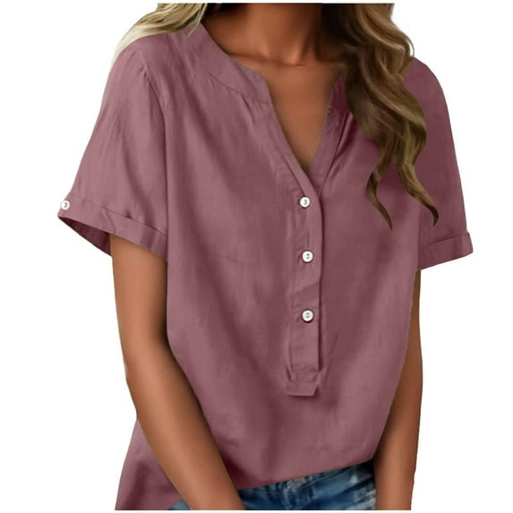 HomeDM Short Sleeve Button Down Shirts for Women, Summer V Neck T Shirts Loose Fit Pullover Tops Solid Color - Purple/2XL
