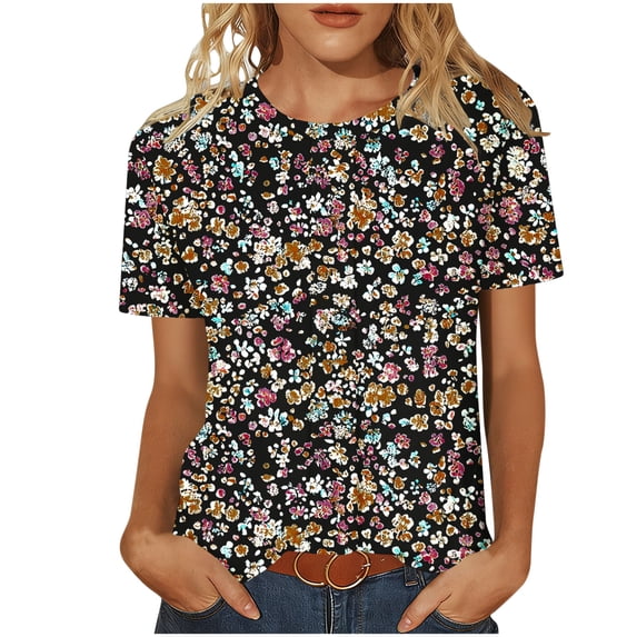 HomeDM Short Sleeve Shirts for Women Floral Crew Neck Casual Summer Loose Fit Tops