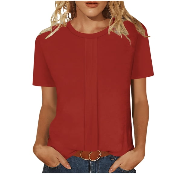 HomeDM Short Sleeve Shirts for Women Solid Color Crew Neck Casual Summer Loose Fit Tops, Wine