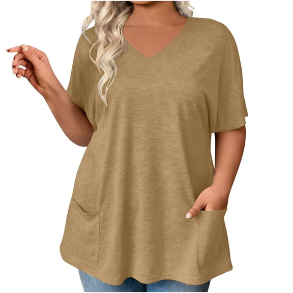 HomeDM Short Sleeve Shirts for Women, V Neck Summer Loose Fit Solid Color Basic Tee with Pocket - Khaki/XL