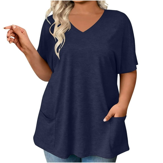 HomeDM Short Sleeve Shirts for Women, V Neck Summer Loose Fit Solid Color Basic Tee with Pocket - Navy/S