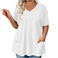 thumbnail image 1 of HomeDM Short Sleeve Shirts for Women, V Neck Summer Loose Fit Solid Color Basic Tee with Pocket - White/XL, 1 of 7
