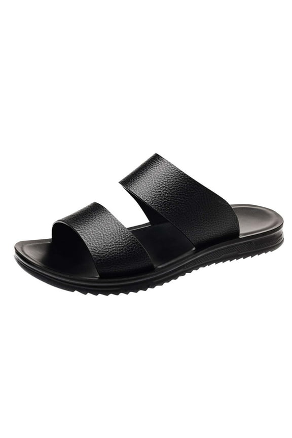 Slip On Slides Sandals for Men Soft PU Leather Open Toe Two Bands Summer Flat Beach Sandals for Indoor Outdoor, Black Size 6