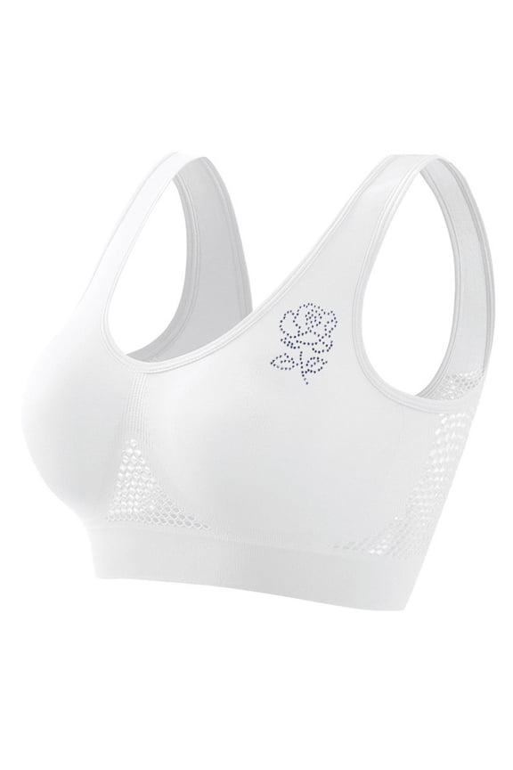 Sports Bras for Women with Removable Pads - Mesh Comfortable Wireless Soft Support Bras Yoga Workout Seamless Full Coverage No Underwire Bra for Everyday - White/XL