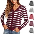 thumbnail image 1 of HomeDM Striped Cardigan Sweater for Women Open Front V Neck Scalloped Long Sleeve Button Down Knit Tops, 1 of 9