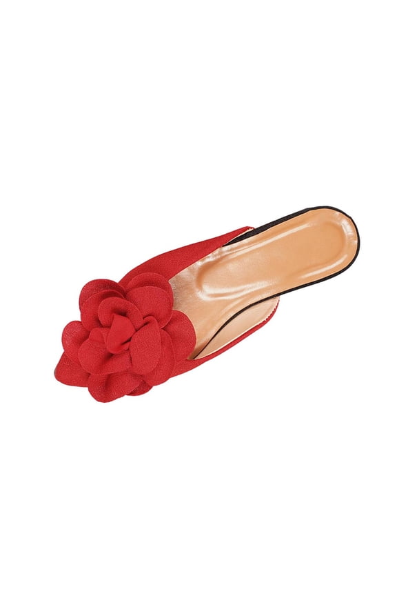 Suede Floral Mules for Women Closed Pointy Toe Slip On Flats Summer Sandals, Red Size 8.5