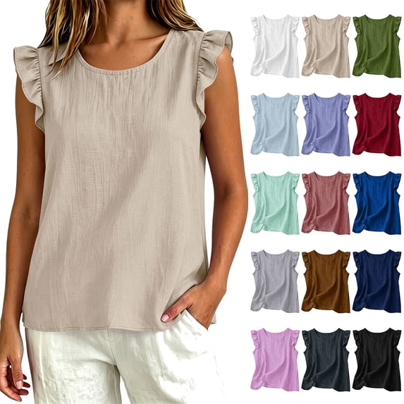 HomeDM Summer Tank Tops for Women Cotton Ruffled Sleeveless Crew Neck Casual Loose Fit T-Shirts Beige Size L
