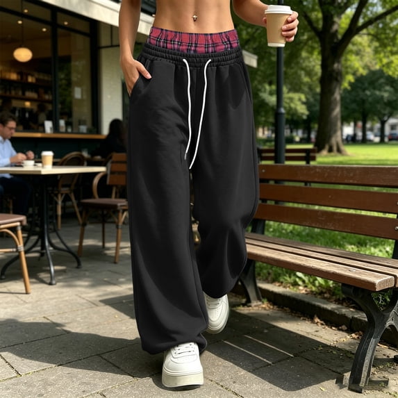 HomeDM Sweatpants Women's Wide Leg Drawstring Waist Color Block Casual Sweat Pants with Pockets Black 3XL