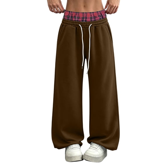 HomeDM Sweatpants Women's Wide Leg Drawstring Waist Color Block Casual Sweat Pants with Pockets Brown 3XL