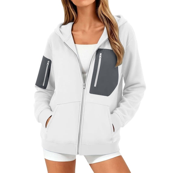 HomeDM Sweatshirt for Women Long Sleeve Full-Zip Hooded with Pocket Color Block Casual Outerwear