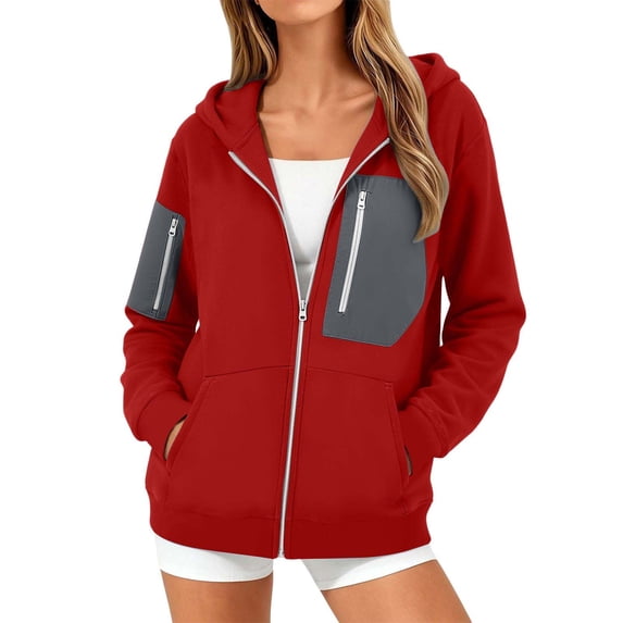 HomeDM Sweatshirt for Women Long Sleeve Full-Zip Hooded with Pocket Color Block Casual Outerwear