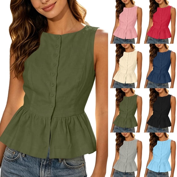 HomeDM Tank Tops for Women Crew Neck Button Down Peplum Tops Summer Cotton Linen Sleeveless Casual Flared Hem T-Shirts Army Green Size M