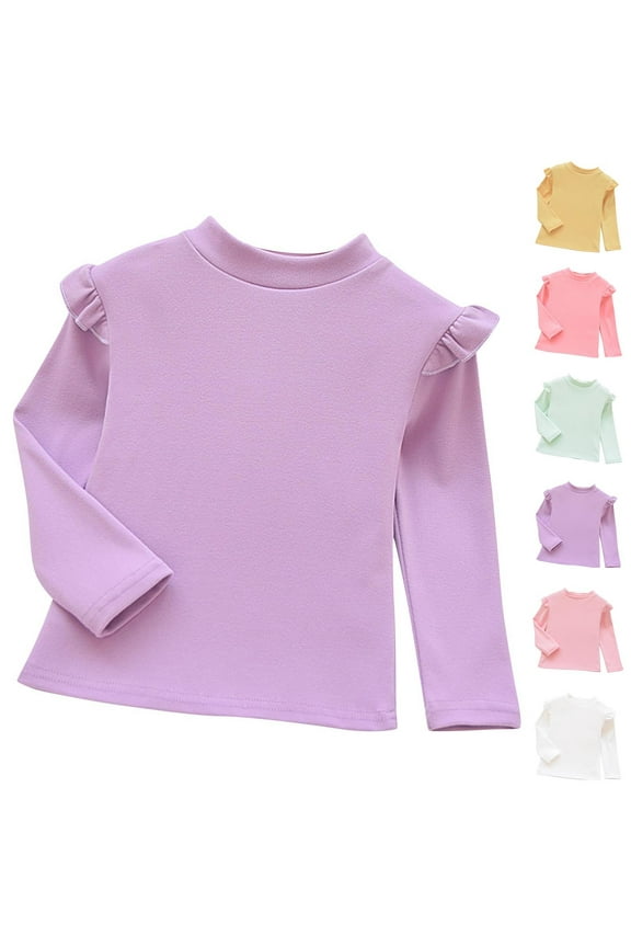 Toddler Girls Shirts Ruffle Long Sleeve Crewneck Base Layer Kids Baby Girl T-Shirts Fall Winter Warm Base Layer Solid Color Tee Tops, Purple Size 2-3 Years
