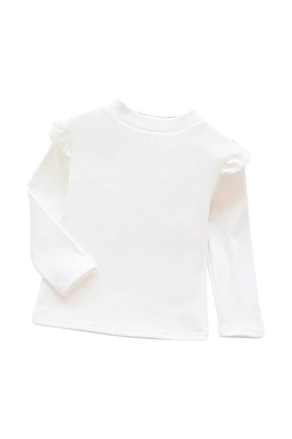 Toddler Girls Shirts Ruffle Long Sleeve Crewneck Base Layer Kids Baby Girl T-Shirts Fall Winter Warm Base Layer Solid Color Tee Tops, White Size 3-4 Years