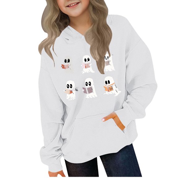 HomeDM Unisex Kids Hoodies Sweatshirts - Boys Girls Long Sleeve Fall Winter Warm Graphic Pullover Tops - White/7-8 Years