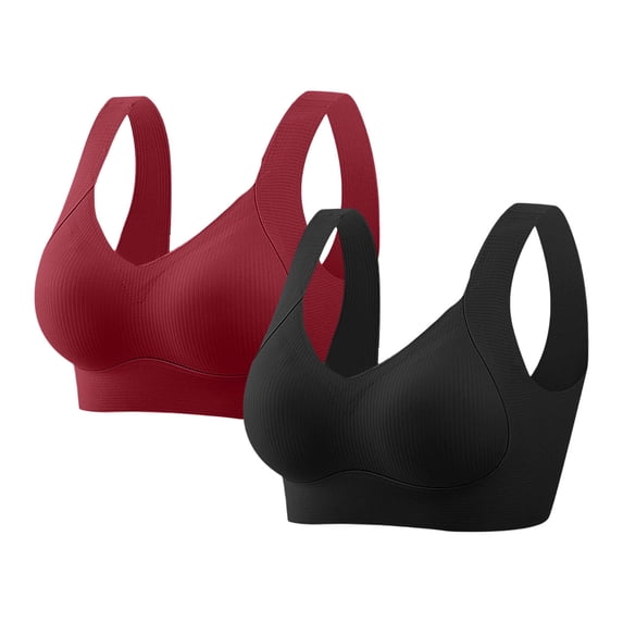 HomeDM V Neck Sports Bra for Women 2Pcs Seamless Push Up Sport Bras Plus Size Wireless Yoga Camisole Full Coverage Solid Color Workout No Underwire Bralettes Black Red 3XL