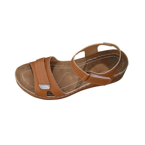 HomeDM Wedge Heels Sandals for Women Open Toe Slip On Ankle Strap Summer Beach Sandals, Brown Size 6.5