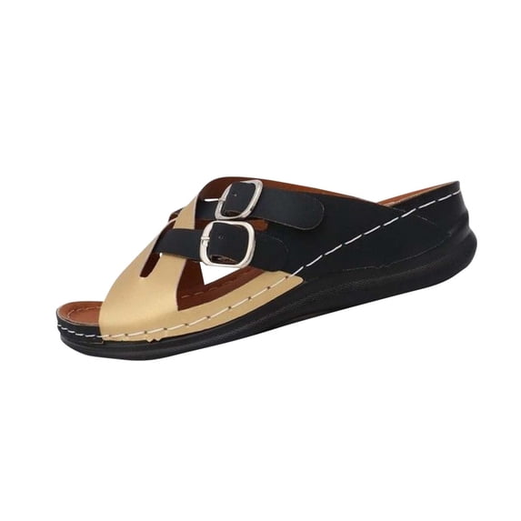 HomeDM Wedge Open Toe Sandals for Women Comfort Plantar Slip On Summer Dressy Beach Sandals, Gold Size 5.5