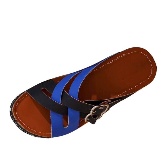 HomeDM Wedge Sandals for Women Open Toe Platform Slides Dressy Color Block Cross Strap Summer Beach Sandal, Blue Size 7