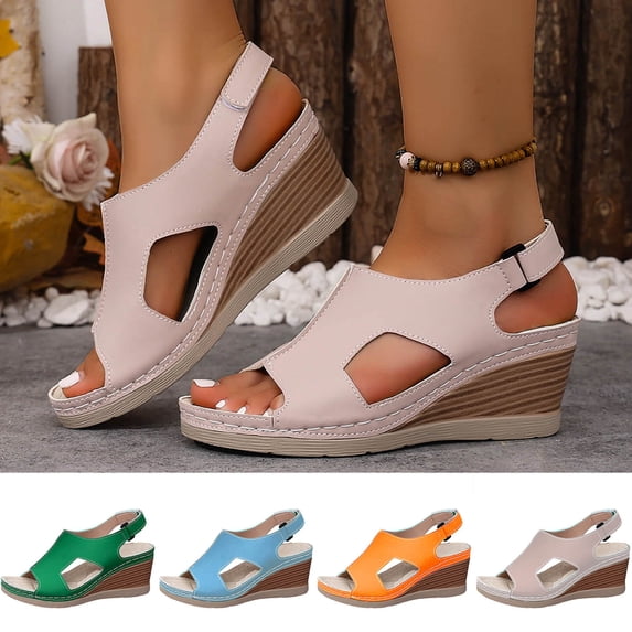 HomeDM Wedge Sandals for Women Summer Comfort Open Toe Ankle Strap Summer Beach Slides Sandals, Khaki Size 5.5