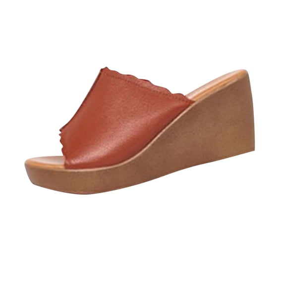 HomeDM Wedges Sandals for Women Platform Heels Mules Slip On Peep Toe Dressy Summer PU Leather Sandals, Brown Size 7