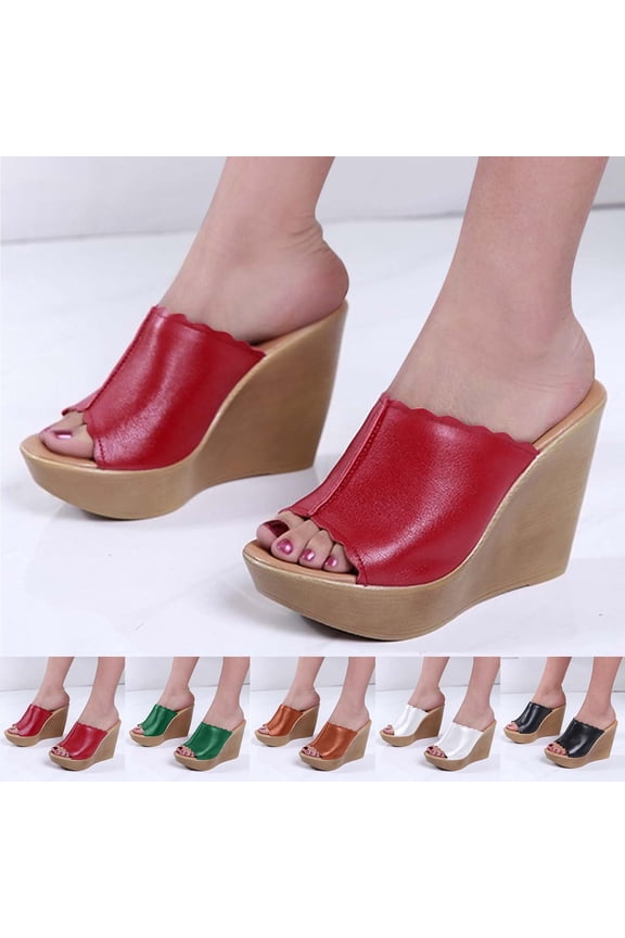 Wedges Sandals for Women Platform Heels Mules Slip On Peep Toe Dressy Summer PU Leather Sandals, Red Size 6