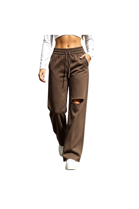 Wide Leg Sweatpants Women's Drawstring Lounge Joggers with Pockets Coffee Ripped Athletic Pants Size M