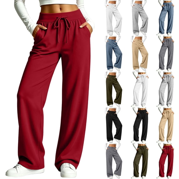 HomeDM Wide Leg Sweatpants for Women Baggy Joggers with Pockets Drawstring Lounge Pants for Yoga Running Wine S