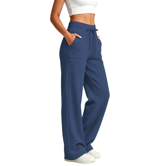 HomeDM Wide Leg Sweatpants for Women Baggy Lounge Pants with Pockets Drawstring Joggers for Yoga Running Workout Navy S