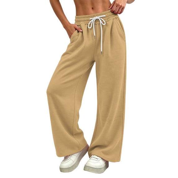 HomeDM Wide Leg Sweatpants with Pockets Drawstring Elastic Waist Lounge Khaki Athletic Pants for Workout Running Size XL