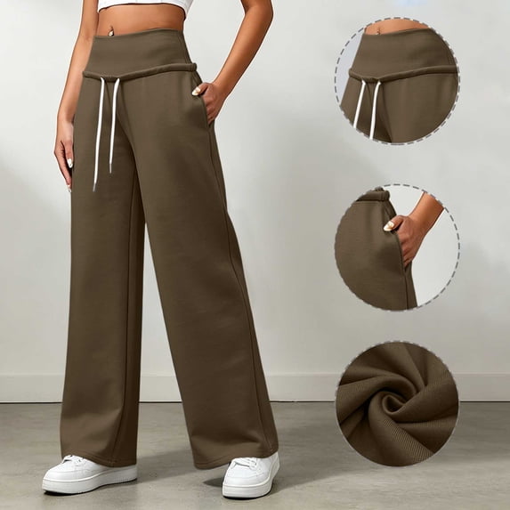 HomeDM Wide Leg Sweatpants with Pockets Women's Drawstring High Waisted Brown Open Bottom Baggy Pants Size 2XL