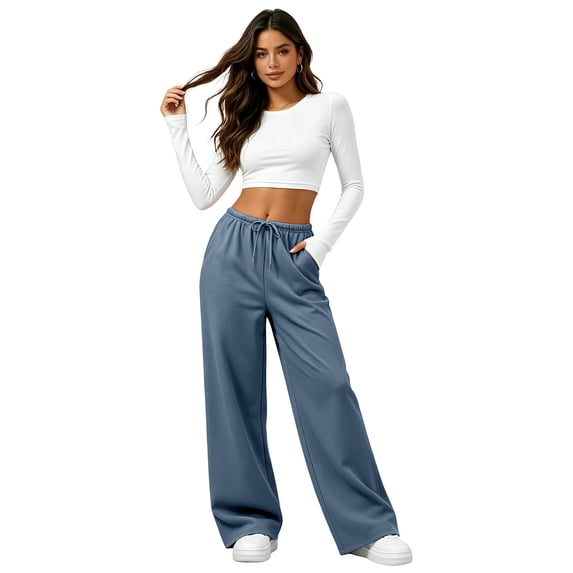 HomeDM Wide Leg Sweatpants with Pockets for Women Drawstring Running Workout Yoga Loose Lounge Pants Blue S