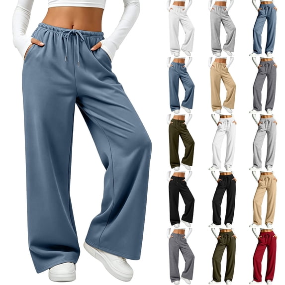 HomeDM Wide Leg Sweatpants with Pockets for Women Drawstring Running Workout Yoga Loose Lounge Pants Blue S