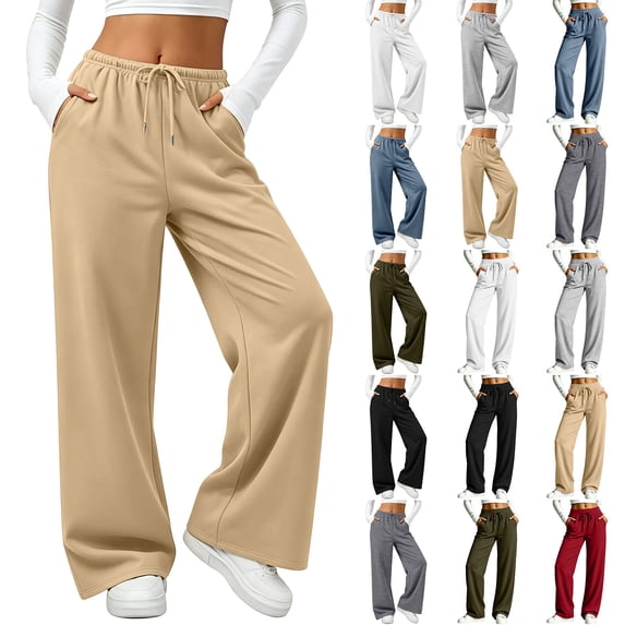 HomeDM Wide Leg Sweatpants with Pockets for Women Drawstring Running Workout Yoga Loose Lounge Pants Khaki L