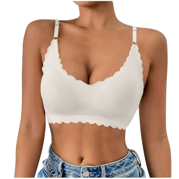 HomeDM Wireless Sports Bras for Women, Seamless Comfortable Yoga Bra No Underwire with Soft Support Push Up Full Coverage Bralettes Solid Color Scalloped T-Shirt Bra - White/M