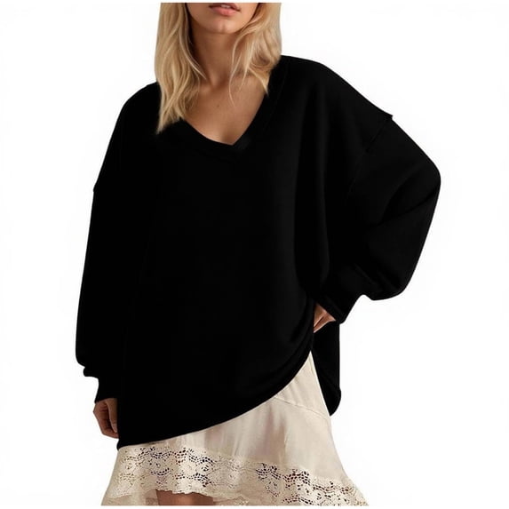 HomeDM Women Long Sleeve V Neck Sweatshirts Loose Fit Pullover Tops Casual Solid Color Shirts - Black/L
