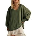 thumbnail image 1 of HomeDM Women Long Sleeve V Neck Sweatshirts Loose Fit Pullover Tops Casual Solid Color Shirts - Green/XL, 1 of 5
