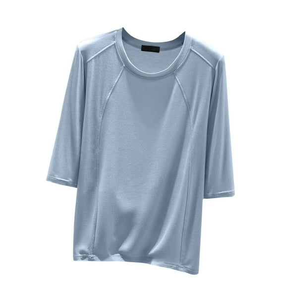 HomeDM Women's 3/4 Sleeve Shirts Soft Crewneck Pajama Tops Casual Solid Color Sleep Lounge Tees Shirts - Light Blue/L