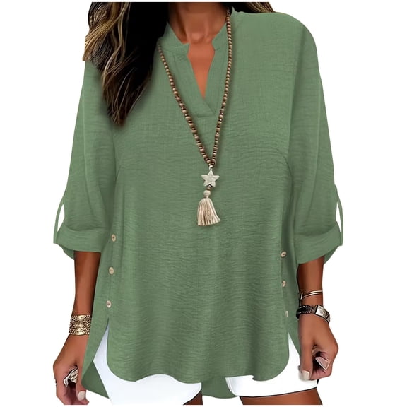 HomeDM Women's 3/4 Sleeve V-Neck T Shirts, Summer Solid Color Loose Fit Button Down Side Split Pullover Tops - Green/L