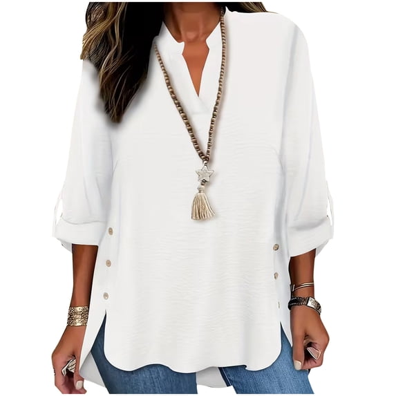 HomeDM Women's 3/4 Sleeve V-Neck T Shirts, Summer Solid Color Loose Fit Button Down Side Split Pullover Tops - White/S
